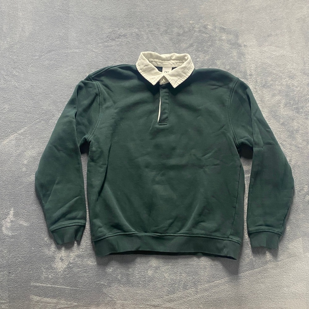 Zara Rugby Sweatshirt Mens Small Green Good Long Sleeve Contrast Collar Pullover